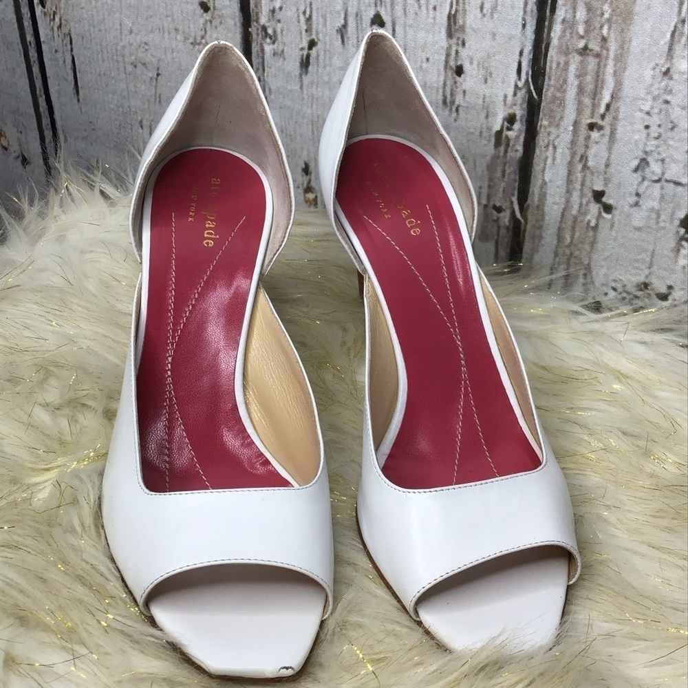 Kate Spade White D'orsay Open Toe Stacked Wood Wedding Heels Sz‎ 7.5 - Picture 7 of 16